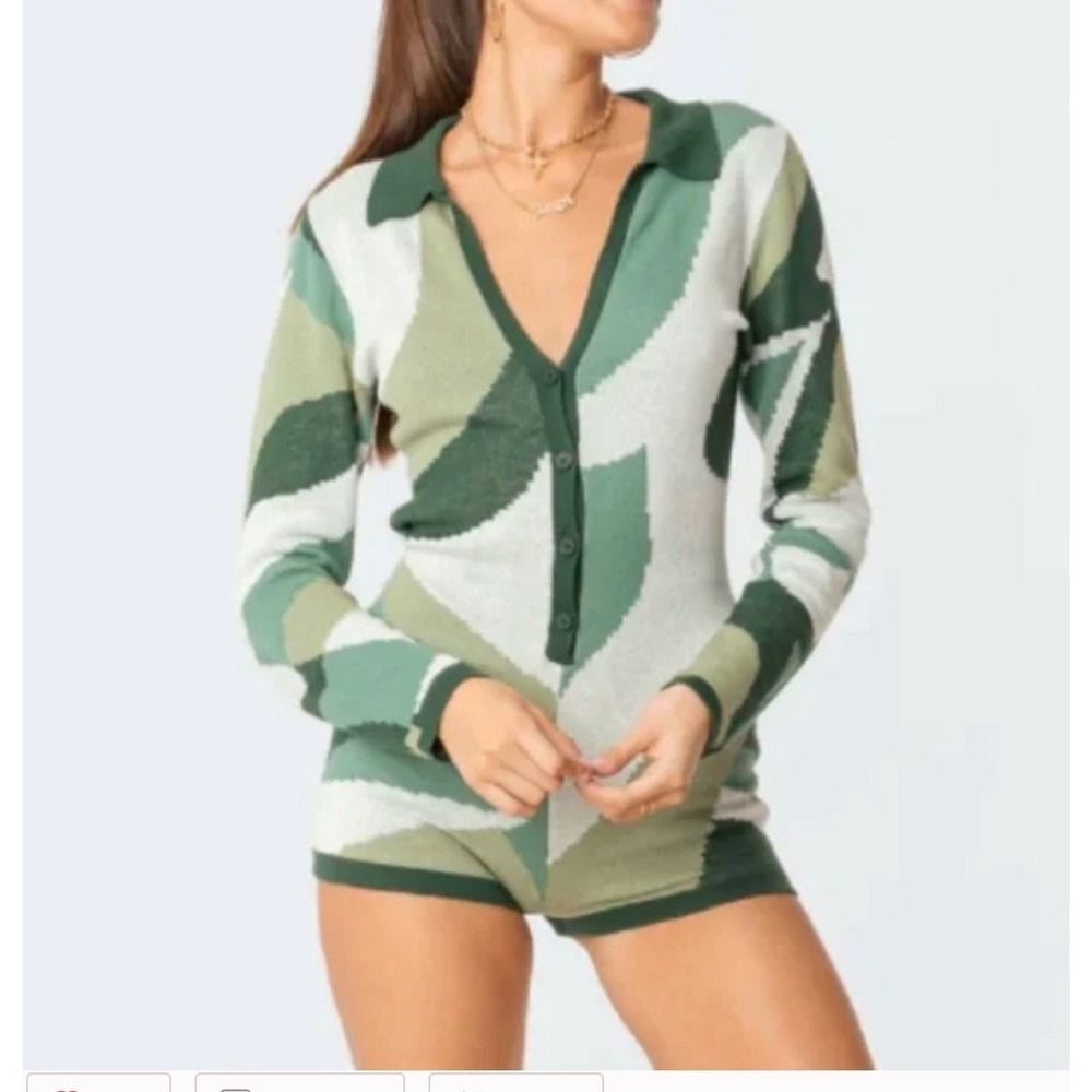 Edikted Renee Green Geometric Knit Romper‎ Womens XS Abstract Swirl Long Sleeve